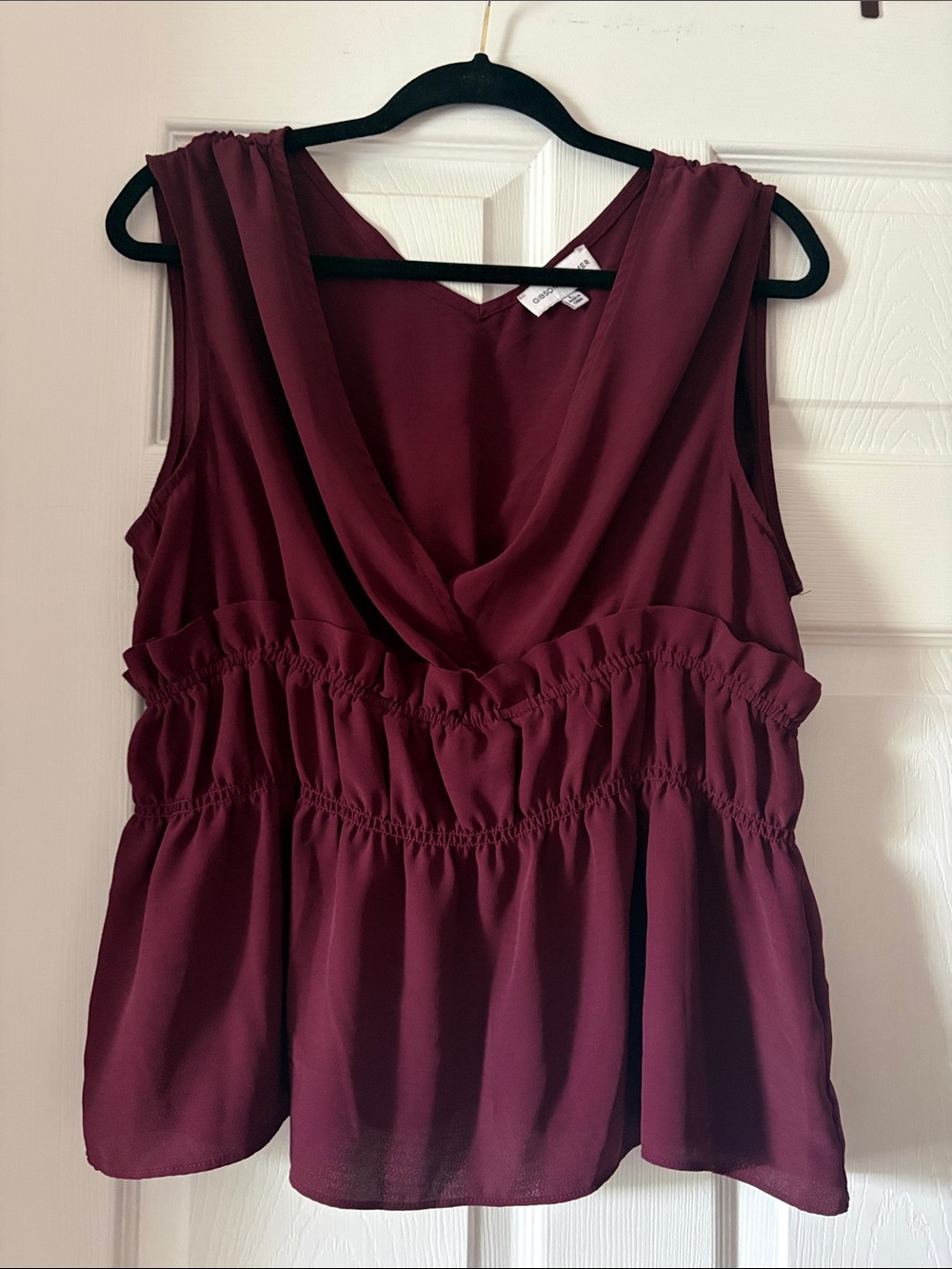 Gibson Latimer Sleeveless Draped V-Neck Peplum Top - Burgundy